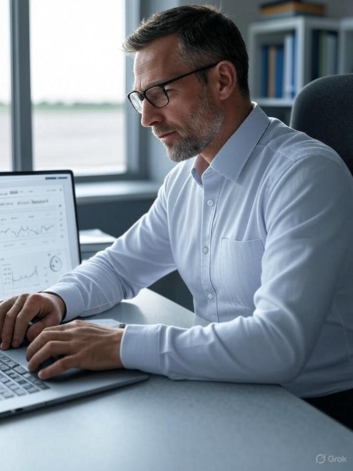 Safety manager using SMS Pro Basic dashboard on laptop in FBO office